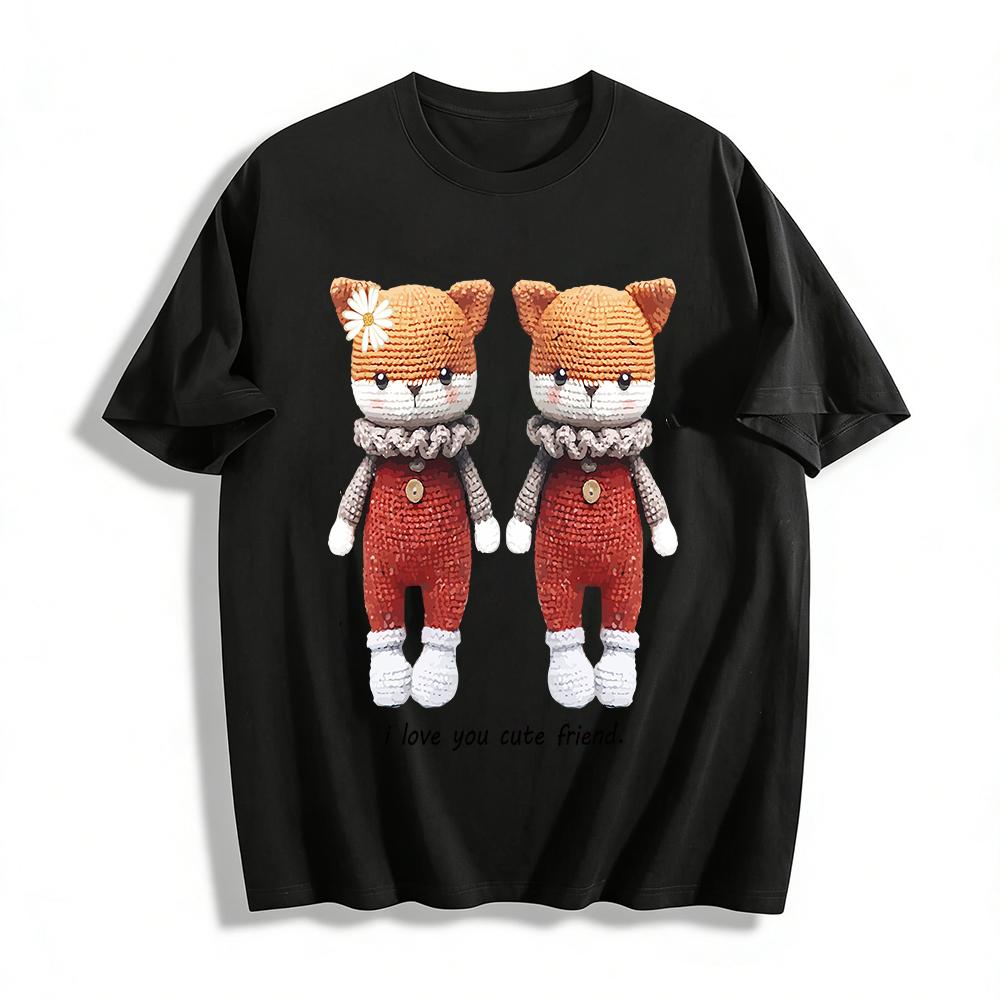 

Cute Crochet Cat Print Tops Casual Crewneck Shirts For Kids Adults Best Friend Gift Animal Pattern Tees Pure cotton T-shirt XXS