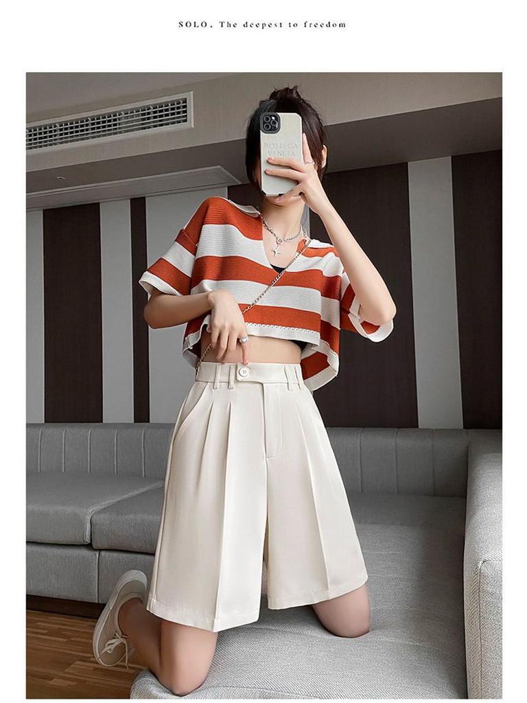 Women's High-Waist Black Bermuda Shorts: Summer, Loose, Straight-Leg, Slimming A-Line, Hong Kong Style.