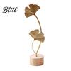 European Style Iron Craft Metal Leaf Ornaments Gold Palm Leaf Ginkgo Feather Statue with Wood Contemporary Art Decor Base Modern Desktop Sculpture