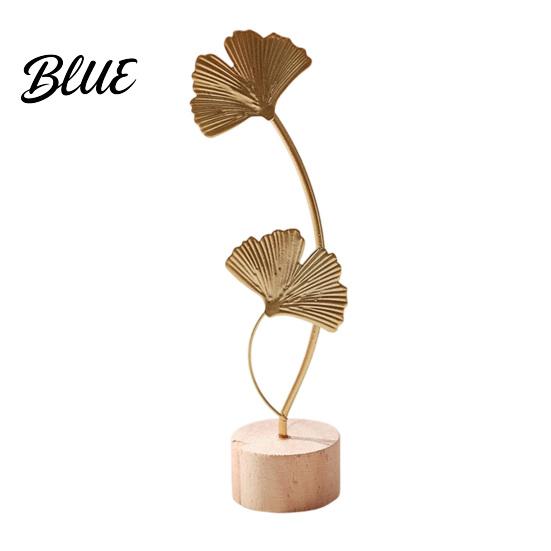 European Style Iron Craft Metal Leaf Ornaments Gold Palm Leaf Ginkgo Feather Statue with Wood Contemporary Art Decor Base Modern Desktop Sculpture
