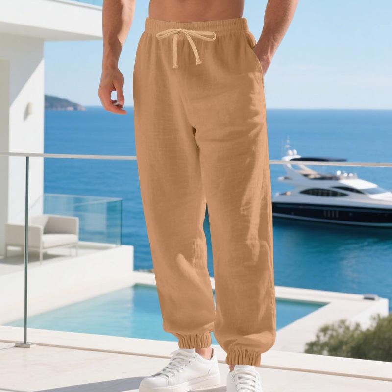 European and American men's linen casual loose leggings cotton and linen breathable simple beach pants
