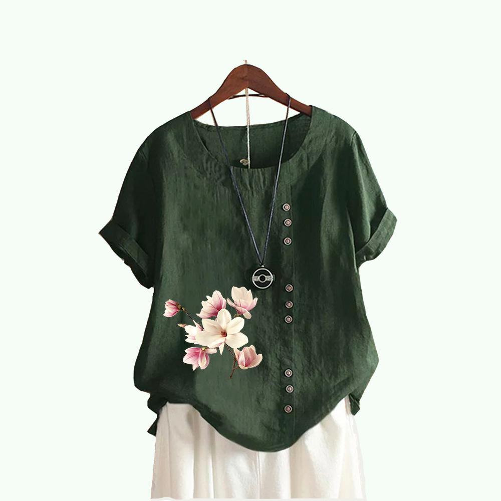 Women Fashion Floral Print T-shirt Summer&fall Casual Round Collar Short Sleeve Top Pullover Loose Cotton Linen Blouses