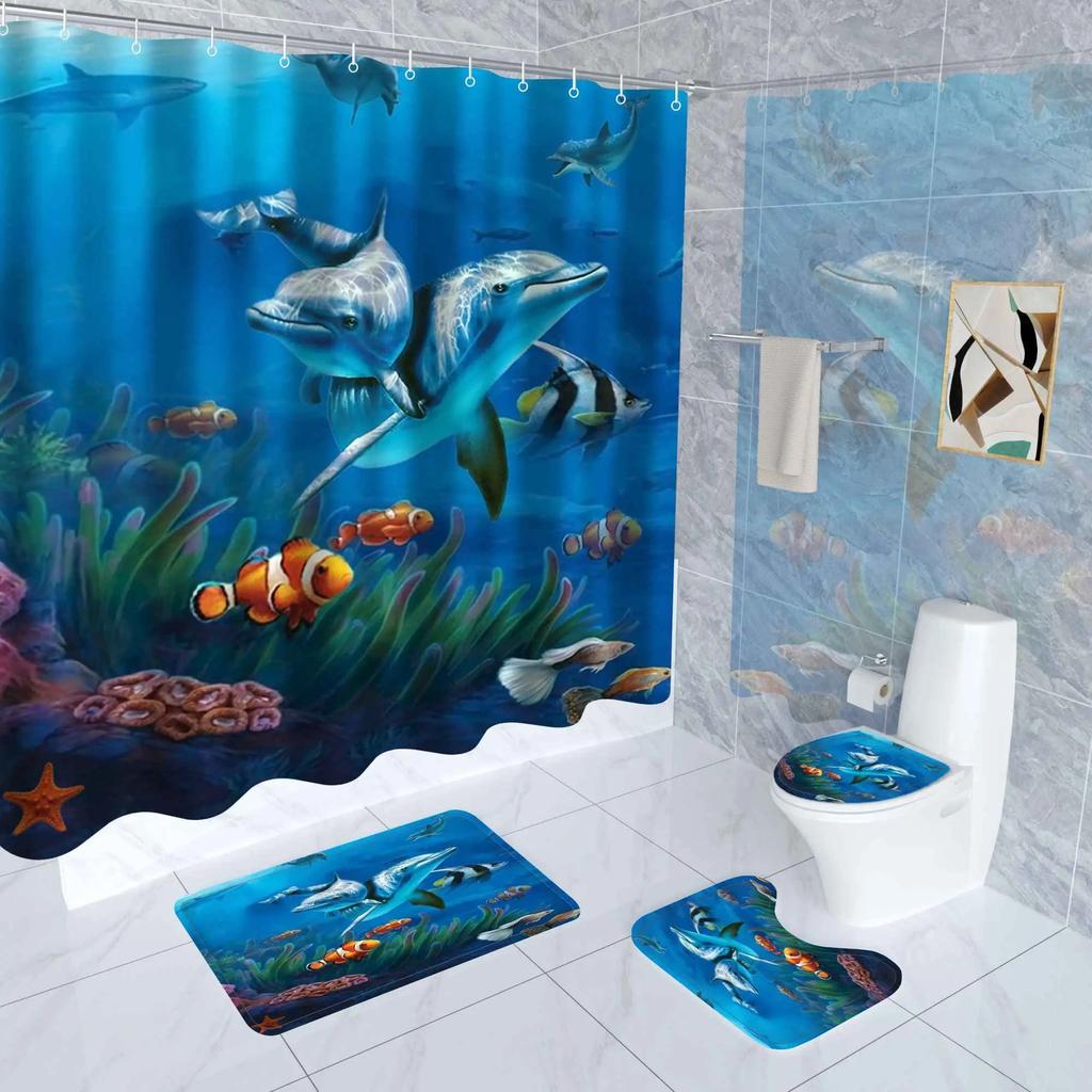 Deep Ocean Dolphin 3D Printing Waterproof Fabric Shower Curtain Set Bathroom Curtains Toilet Cover Mat Non Slip Rug Home Decor