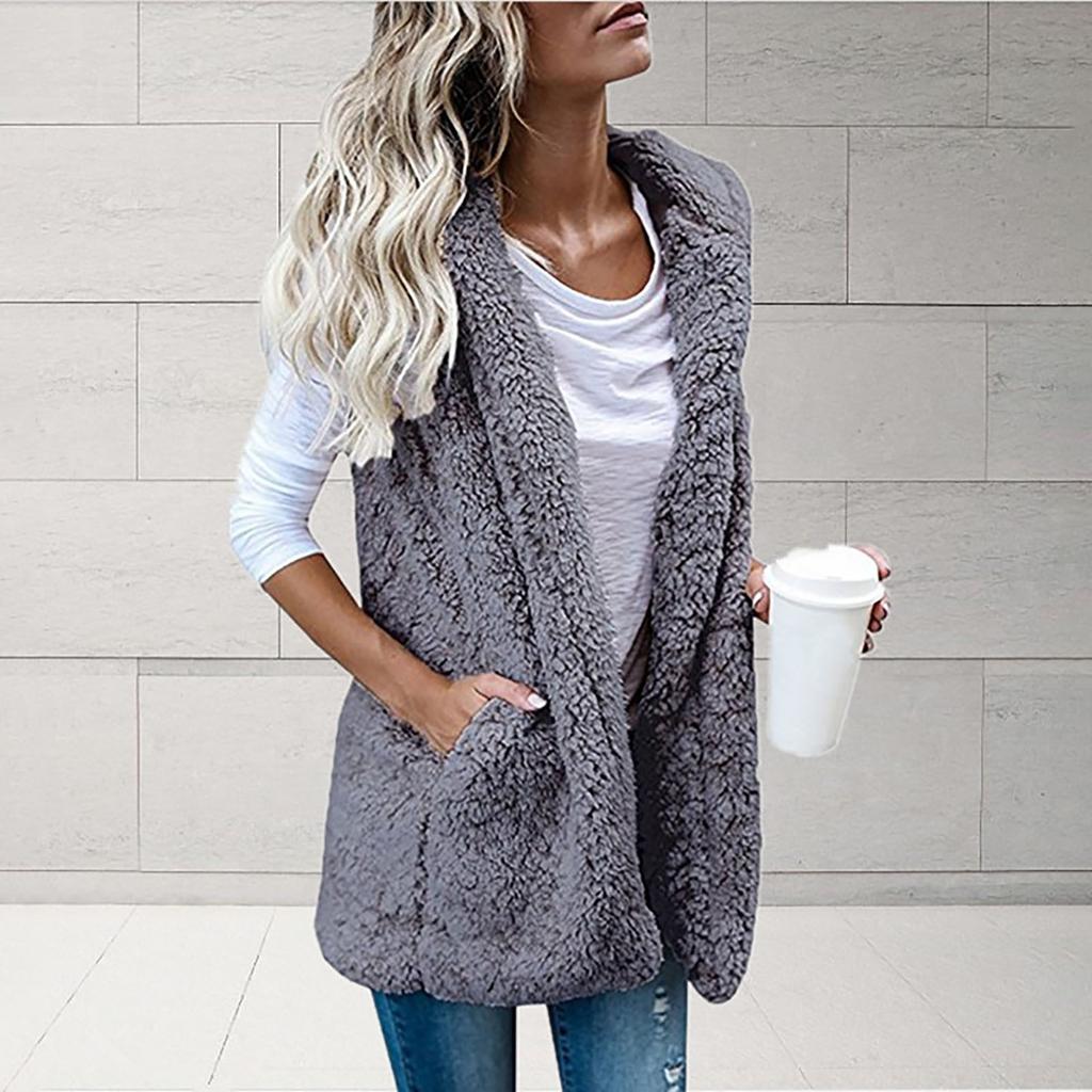 2021 herbst Winter Mit Kapuze Faux Pelz Weste Frauen Flauschigen Warme Strickjacke Mantel Westen mit Taschen Weibliche Streetwear Sherpa Jacke