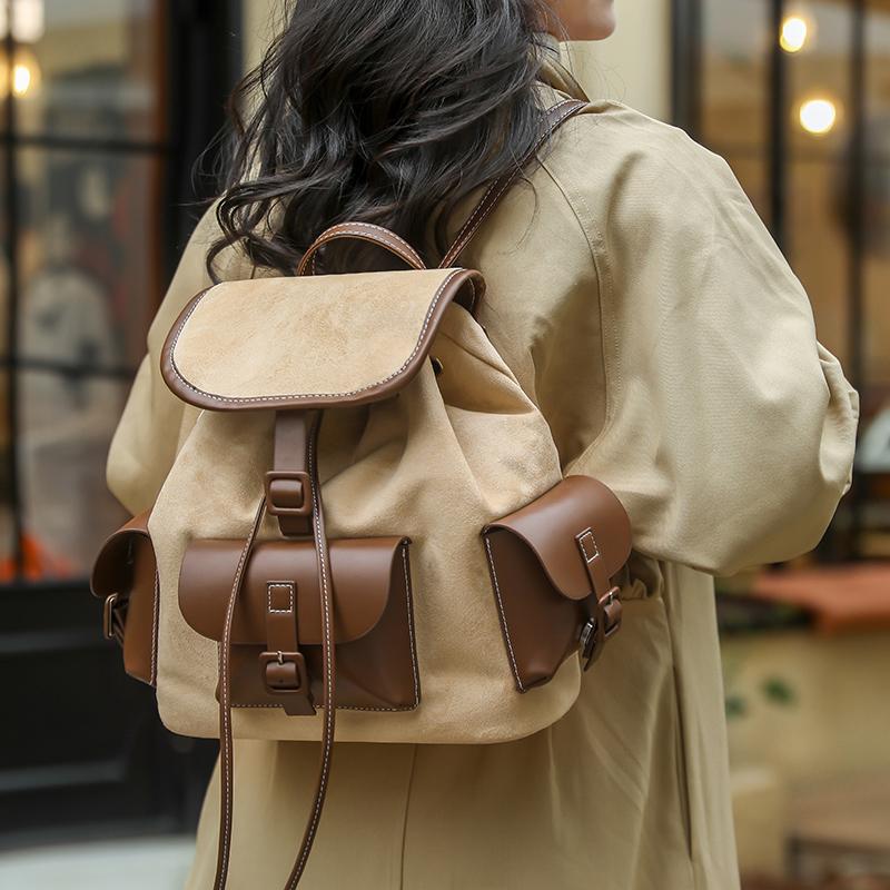 Vintage Color Block Backpack College Style Schoolbag Travel Backpack