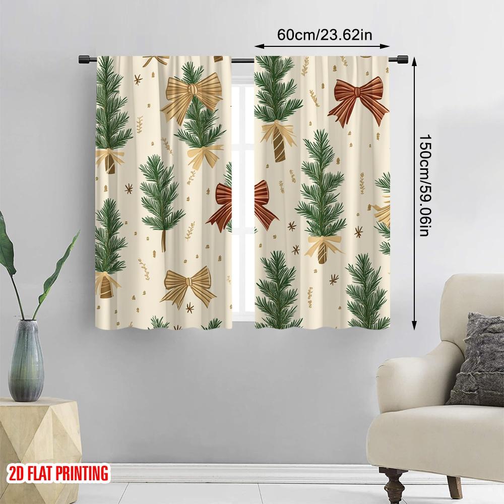 2pcs,2D Plane Printing Window Curtain Christmas Trees Bows Holiday_a Polyester Fabric (without Rod) Versatile All for Living