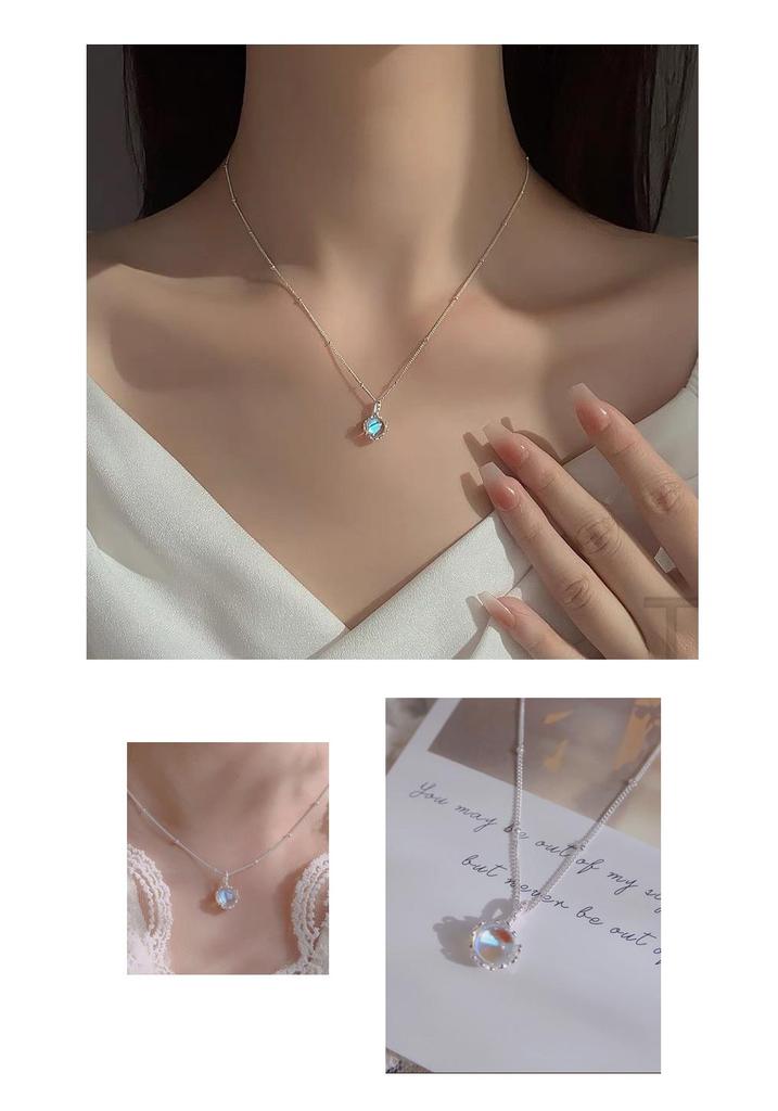 S925 Sterling Silver Moonstone Round Pendant Necklace for Women - Elegant Niche Design with Flower Collarbone Chain