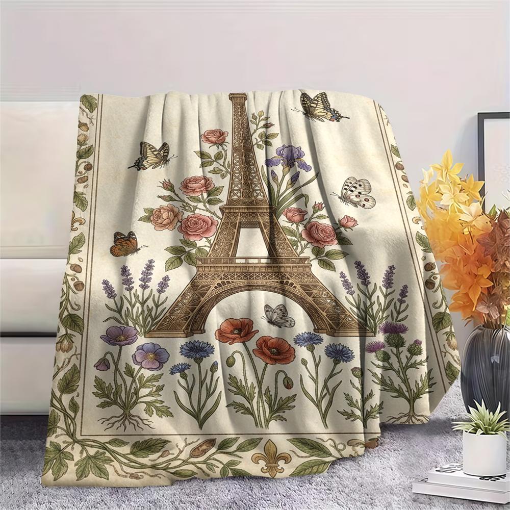 Paris Eiffel Tower Print Flannel Blanket, High Quality Comfortable for All Seasons, Home Decor, Warmth and Comfort, Perfect for Christmas Gifts95