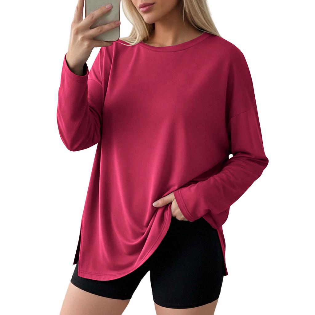 Women Casual Loose Fit Long Sleeve T Shirt Split Hem Crew Neck Plain Pullover Top Lightweight Comfortable Fabric