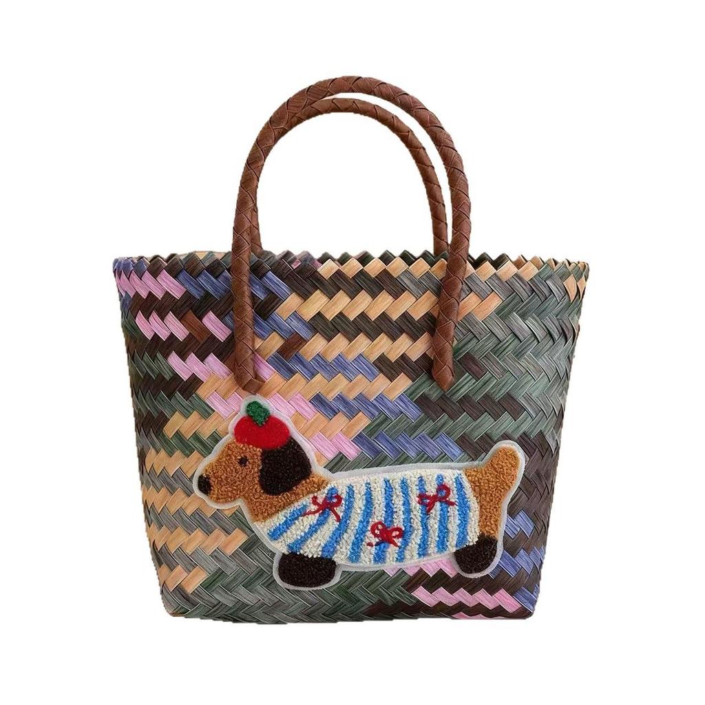 Vysoce kvalitní ručně vyráběná tkaná kabelka a úložný koš s výšivkou jezevčíka