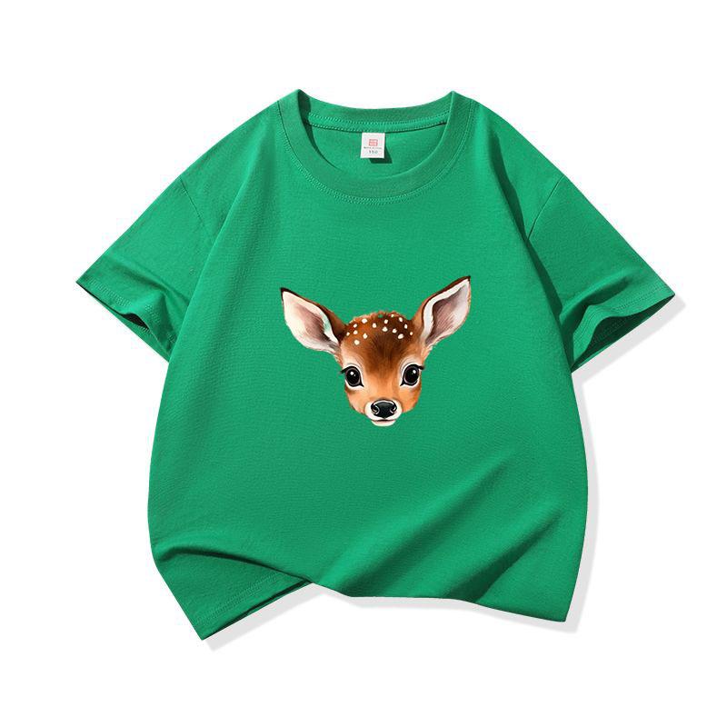 Kids Cotton T Shirt Cute Peeking Deer Print Crew Neck Short Sleeve Tee Casual Breathable Boys Girls Summer Tops