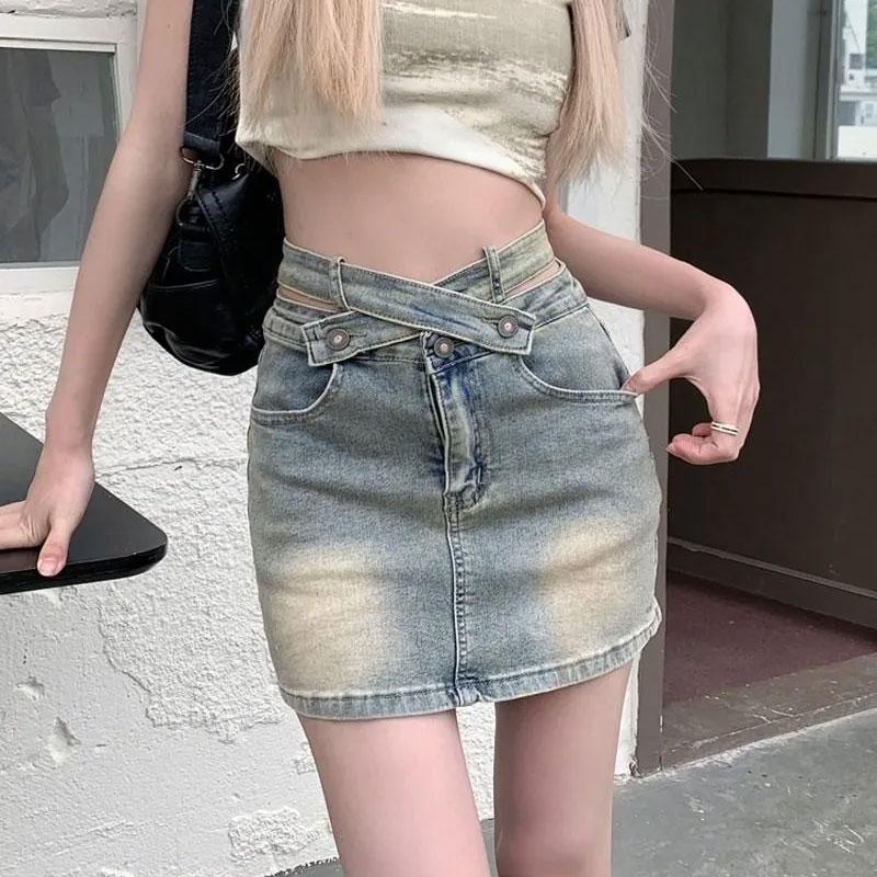Women Summer Washed Denim Crisscross Waist Mini Skort S