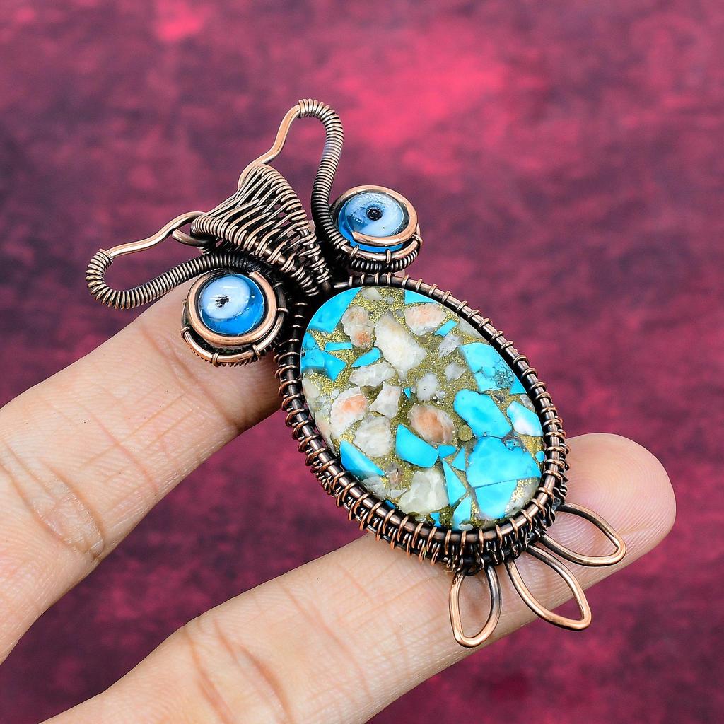 Pink Opal Copper Turquoise Pendant Blue Evil Eye Pendant Copper Wire Wrapped Owl Jewelry