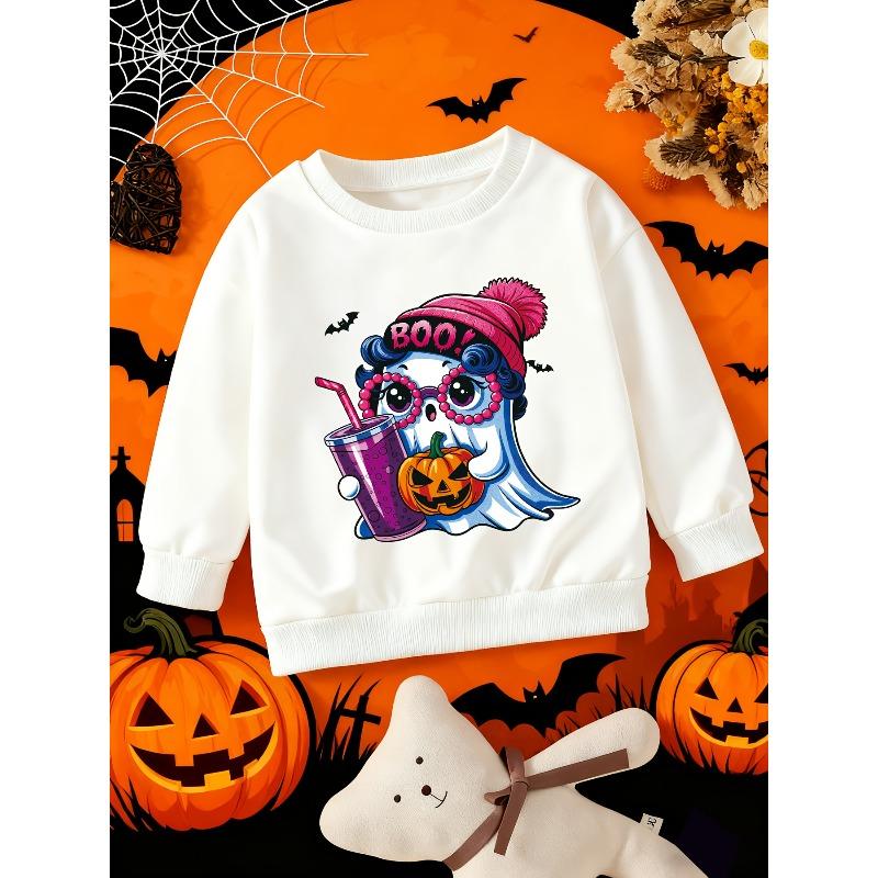 Kids Crewneck Sweatshirt, Halloween Pom-Pom Hat Ghost Print Holding Purple Drink & Jack-o -Lantern, 110 белый