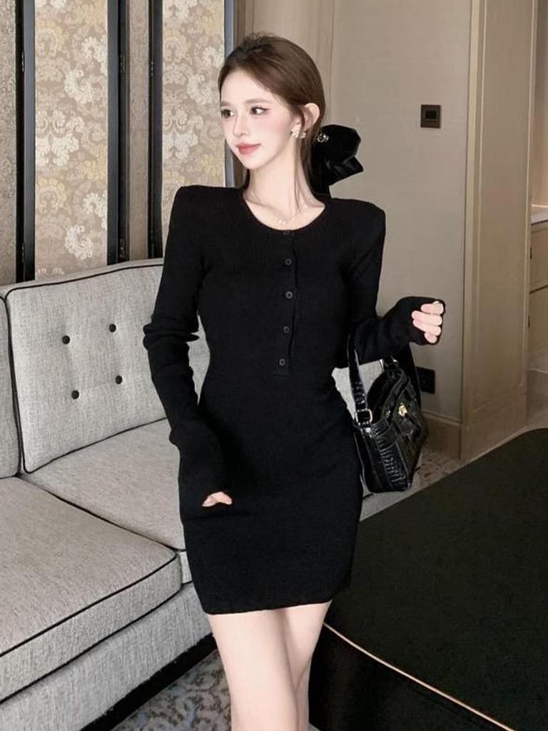 Women's Slim Fit Black Knit Dress - 2025 Autumn/Winter Long Sleeve Hip-Hugging Skirt