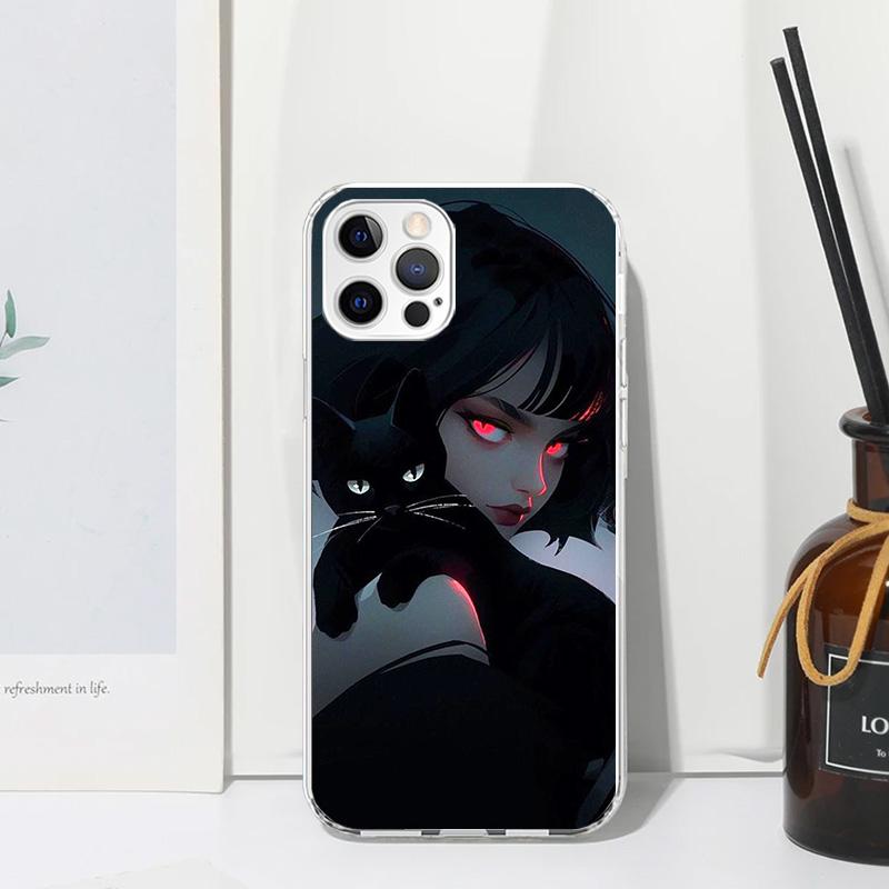Anime Girls Cute Black Cat Phone Case For Iphone 17 Air 16 15 Plus 16E 14 Pro Max 13 Mini 12 11 7 8 SE Fundas Soft Back Cover 17