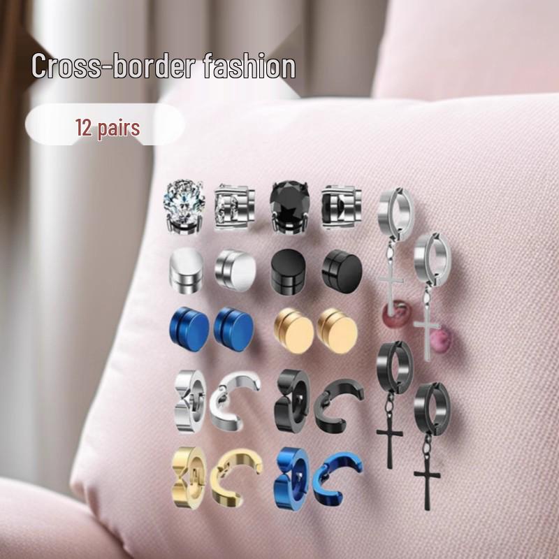 Set de Pendientes Magnéticos de Acero Inoxidable con Forma de Cruz y Circonita para Hombres y Mujeres