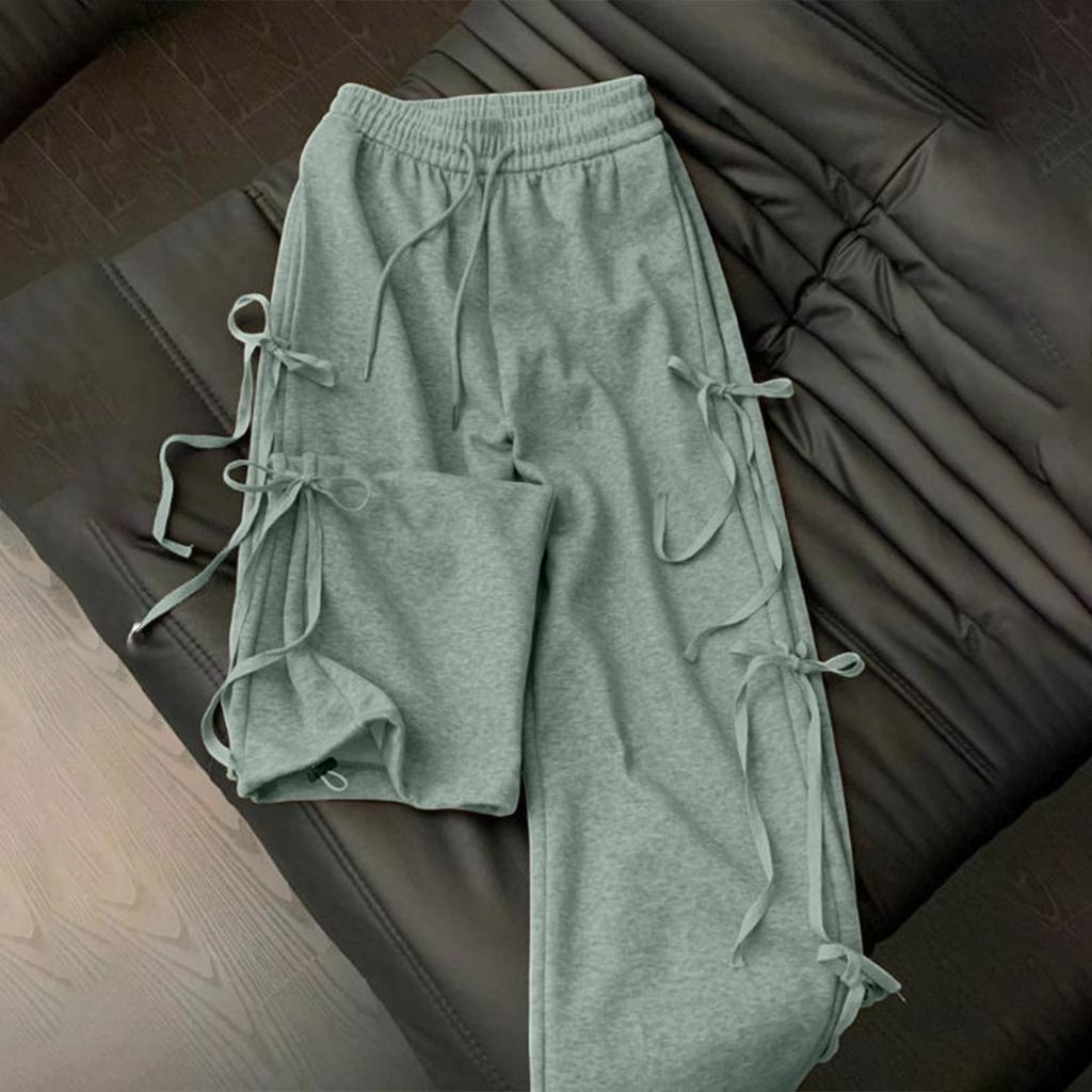 Women's Fashion Loose Bow Tie Drawstring Straight Pants Loose Wide Leg Casual Pants