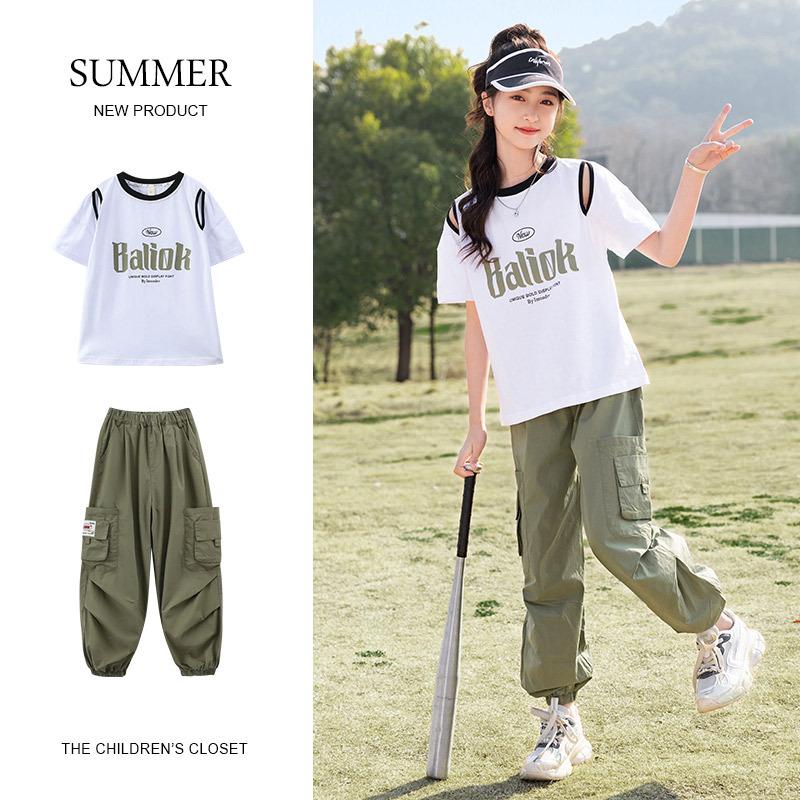 Summer Big Children's Casual Suit Knitted Short-sleeved Girls' Pants Suit