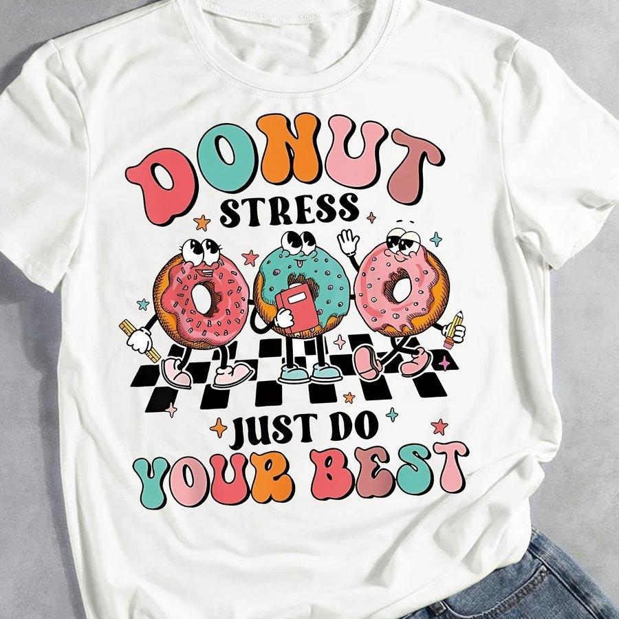 TXCartoon Donut Print T-shirt, Short Sleeve Crew Neck Casual Top For Summer & Spring, Women's Clothing