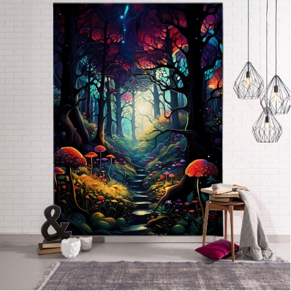 Fairy Tale Mushroom Forest Tapestry Wall Hanging Aesthetic Decoration Blanket Bed Sheet Living Room Bedroom Background Poster