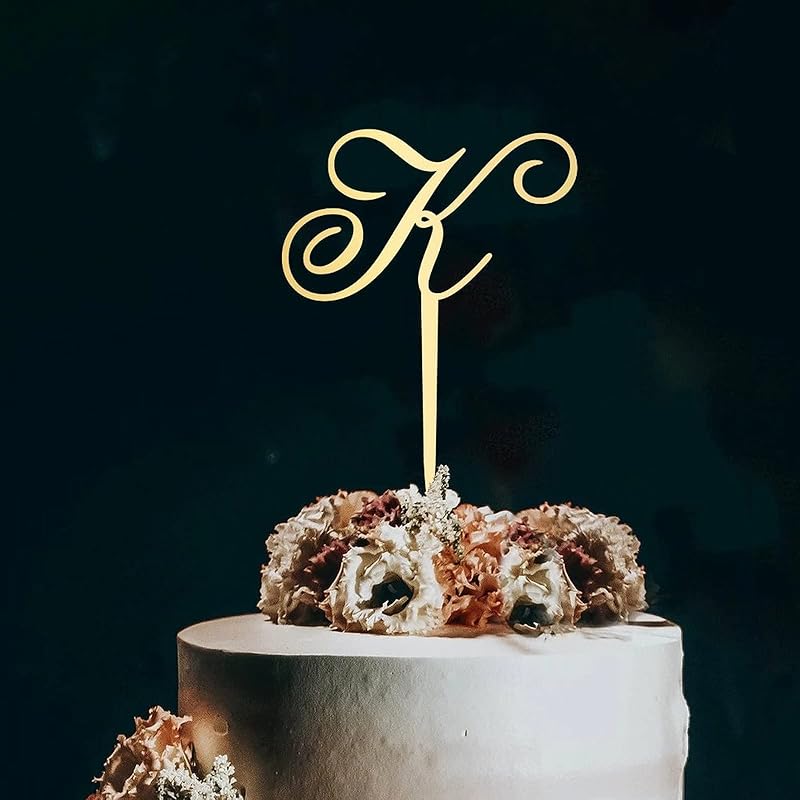 Initial Letter K Cake Topper Monogram Acrylic Cupcake Topper Funny Cake Accessories for Wedding Anniversary Birthday Party Decoration Mirror Gold