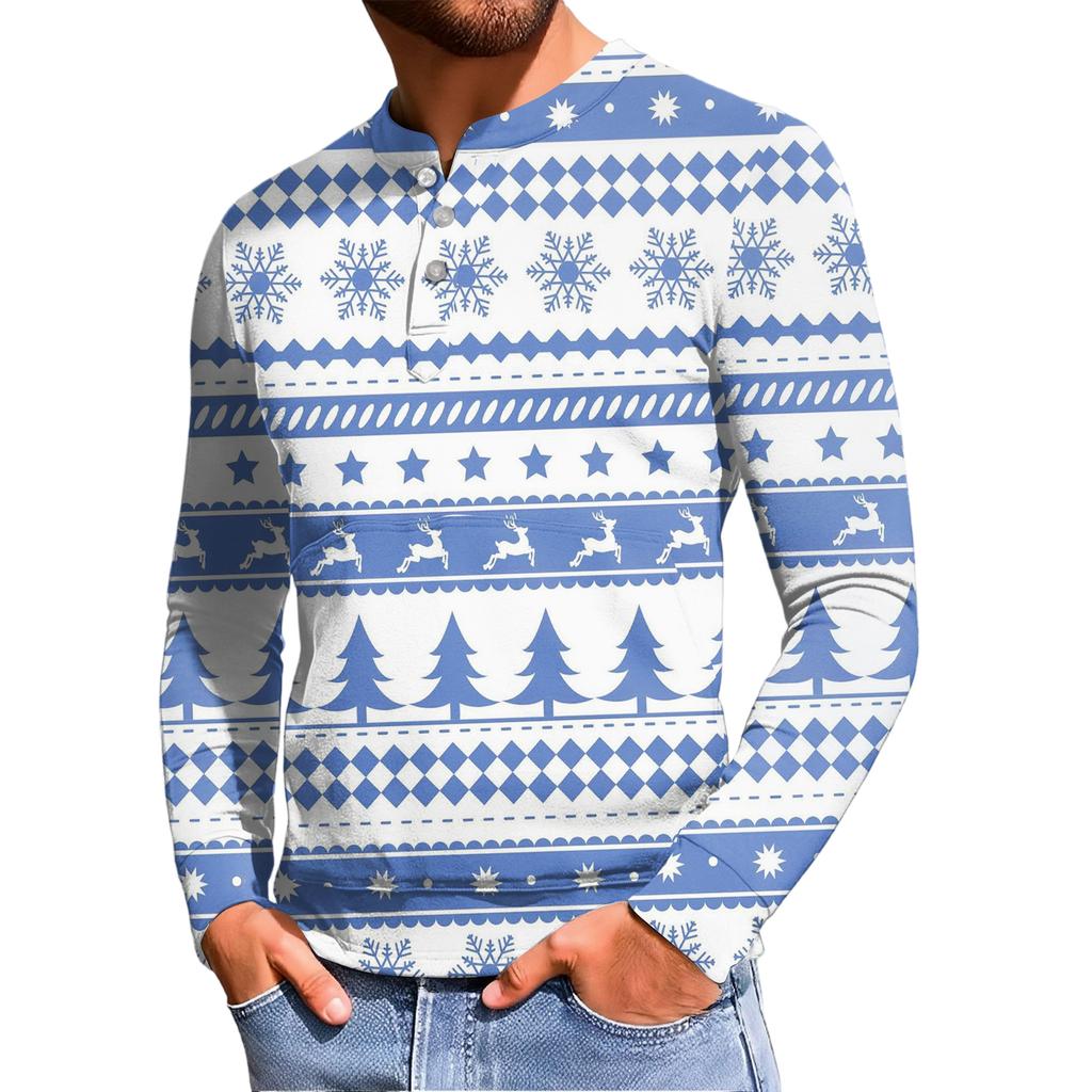 Men's Casual Button-Down Sweatshirt Fashion Printed Long Sleeve Shirt Pullover