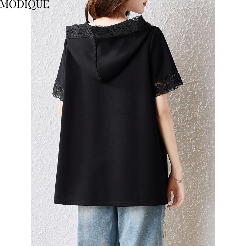 MODIQUE Spring Summer Plus Size New Women Loose Vintage Lace Solid Blouse Shirts Female Casual Oversize Short Sleeve Hooded V-Neck Top