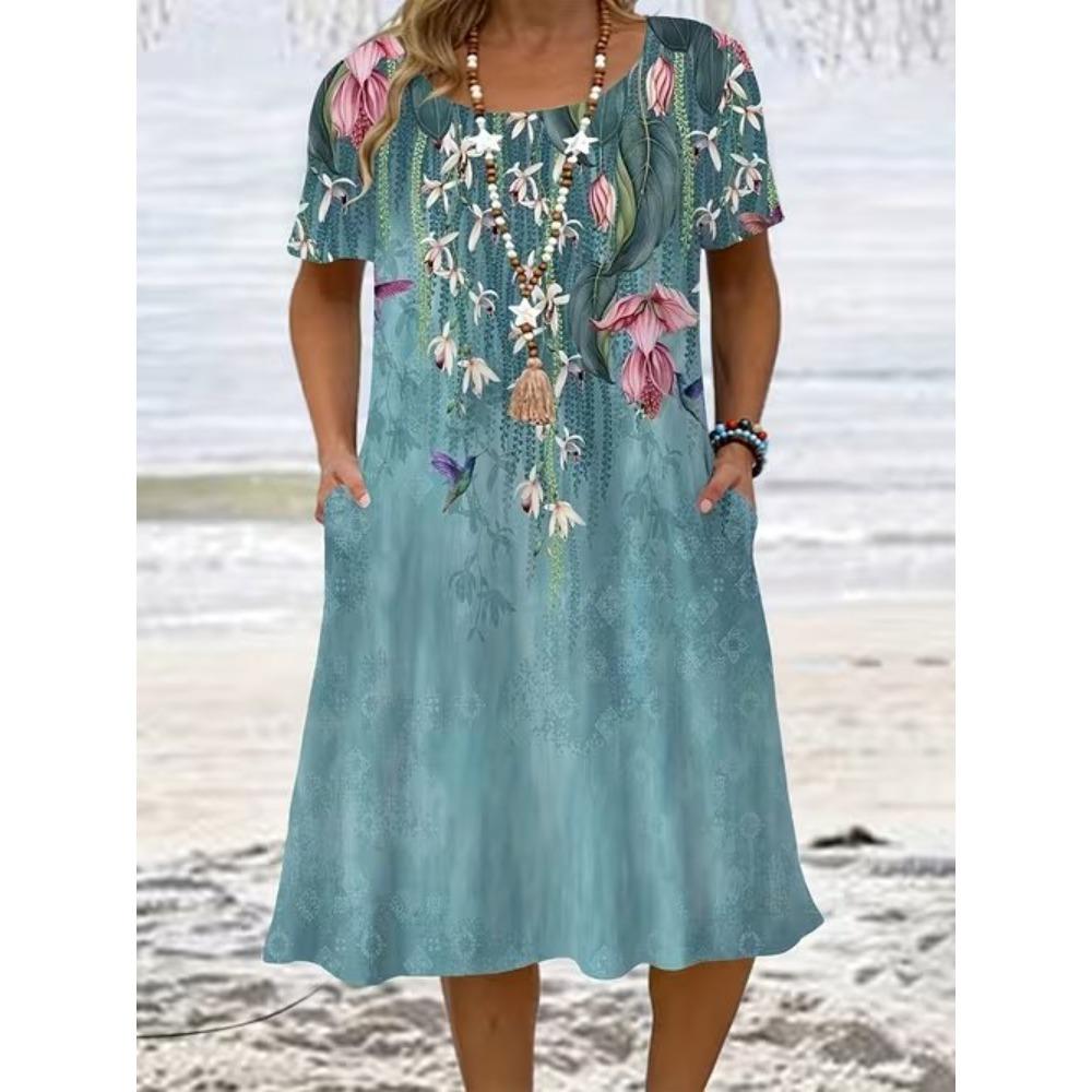Rochii Casual de Vară Primăvară cu Mânecă Scurtă și Decolteu Rotund, cu Imprimeu Flori și Iarbă Elegante și Frumoase, pentru Femei