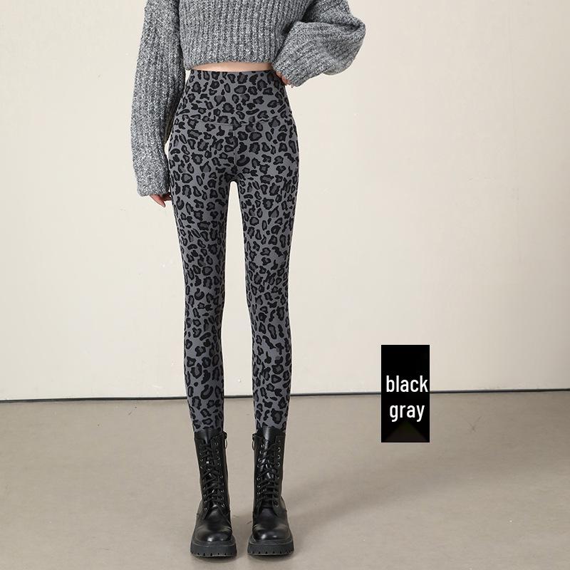 Leggings med hög midja och leopardmönster: Dambyxor för höst/vinter, smalnar av, kontrollerar magen, lyfter rumpan, med plus sammet, för yoga.