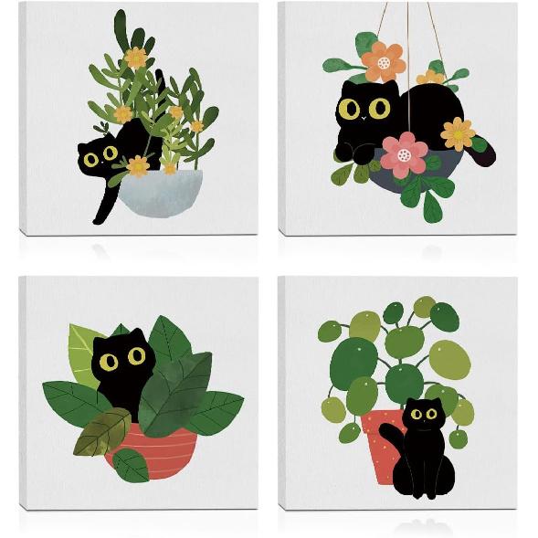 4 PCs Kawaii Japanese Ramen Cats Canvas Wall Art Framed Wall Decor, Cat Lover Gifts, Cat Themed Gifts Art Prints Paintings, Pictures Home Decor for