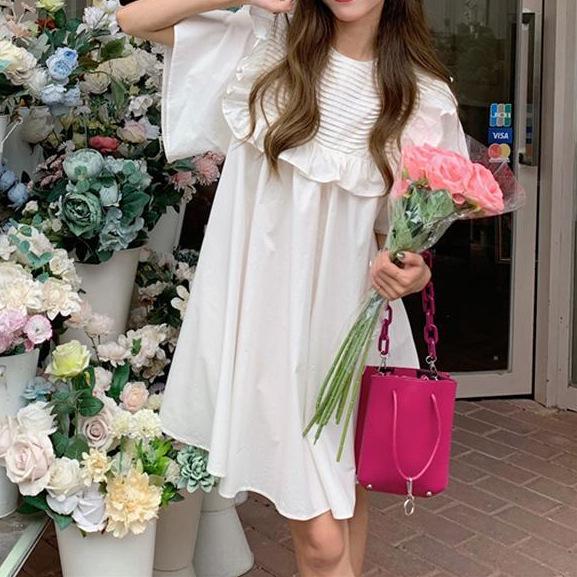 

Plus Size Korean Style Ruffle Edge Retro Dress 2024 L 120-140 lbs білий