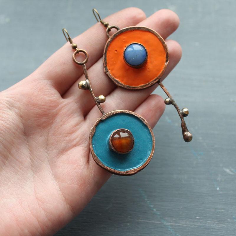 Asymmetrical Graffiti Antique Copper Earrings with Diamond Inlay - European & American Artisan Design
