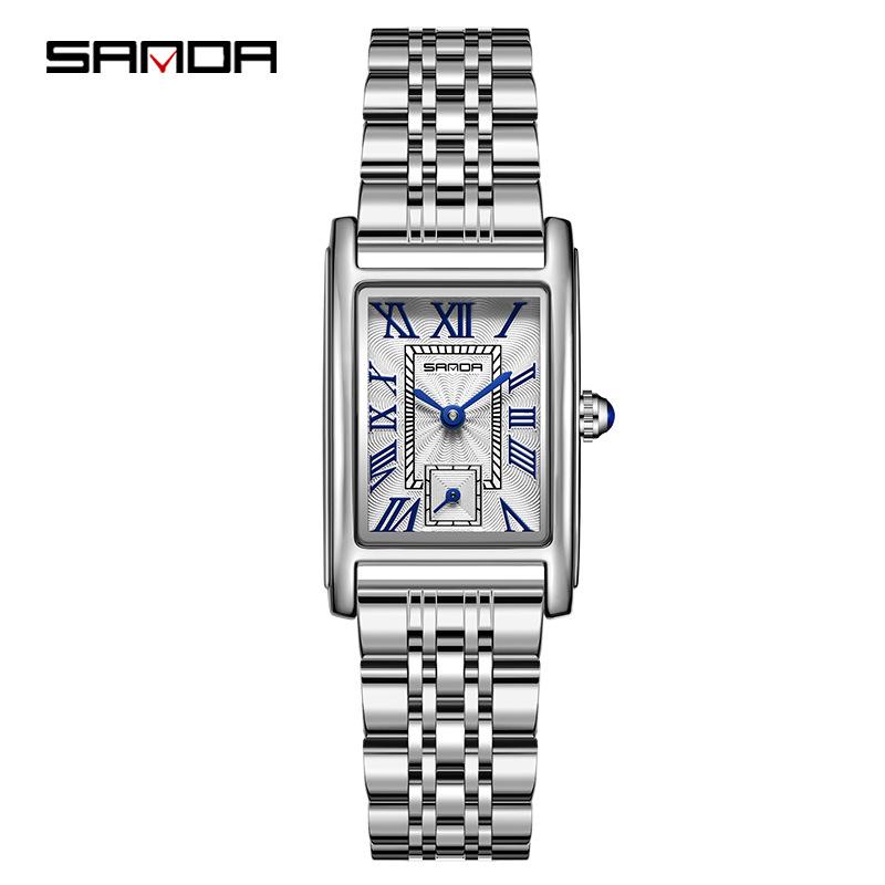 Stylish Sanda Square Steel & Leather Quartz Watch with Roman Numerals, Waterproof Design for Women