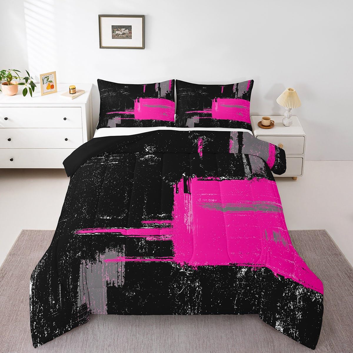 

Feelyou Abstract Comforter Modern Abstract Art Comforter Set for Boys Girls Children Pink Black Pattern Bedding Set Room Decor Queen Size Du 155x200cm