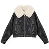 Women's Retro Black Leather Coat with Lambswool Collar - Autumn/Winter Fleece-Lined Motorcycle Jacket