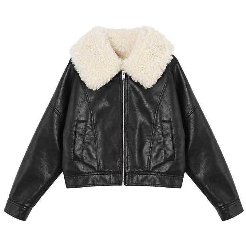 Women's Retro Black Leather Coat with Lambswool Collar - Autumn/Winter Fleece-Lined Motorcycle Jacket
