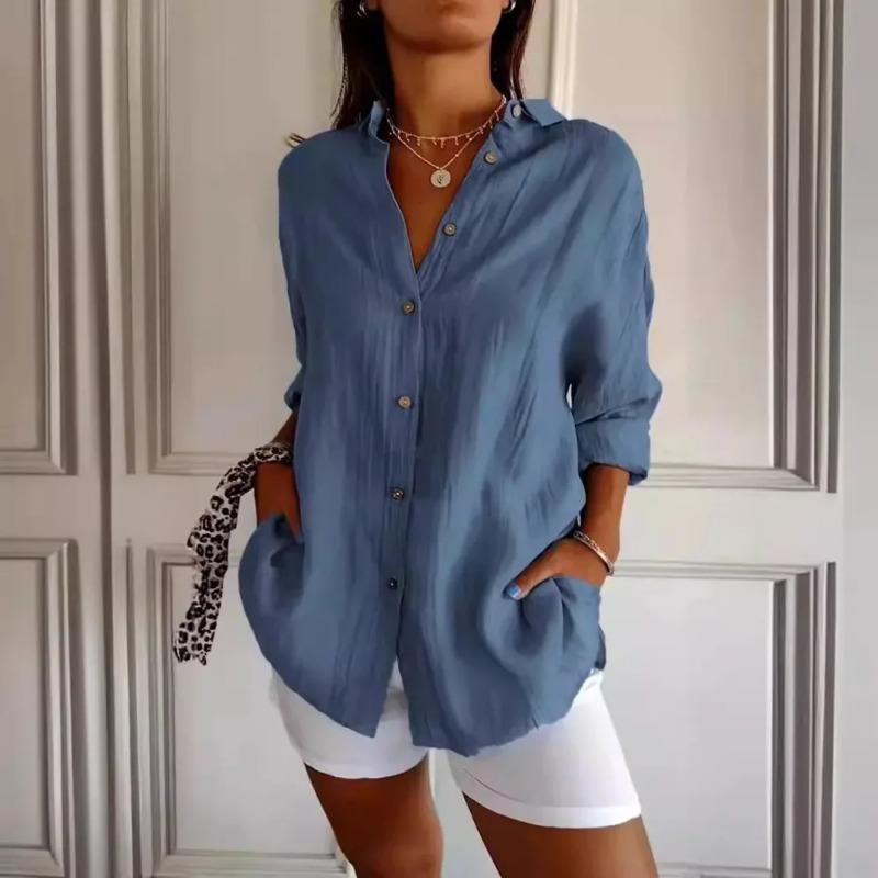 Camisa Casual de Verão com Decote em V e Botões Moda Feminina Solta Sólida com Lapela Camisa de Escritório Feminina Top Retrô