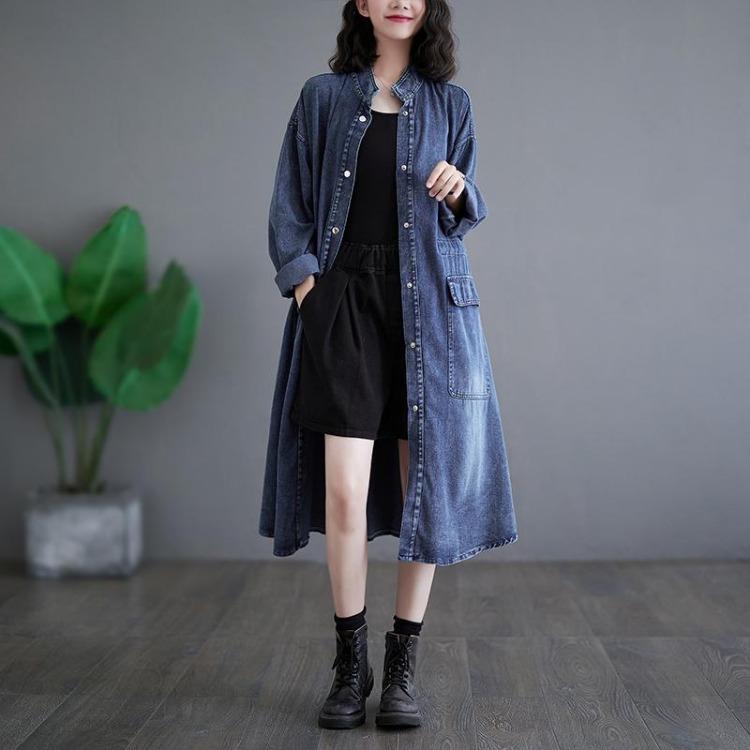 Vintage Denimmantel Frühling Damen Übergröße Lässig Lange Jacke Locker Übergröße Baumwolle Taschen