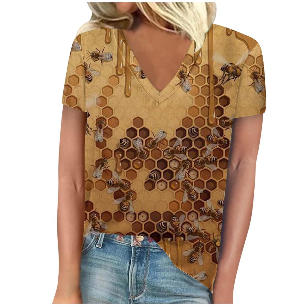 vintage women bee print t shirt short sleeve v neck tops comfortable t-shirts
