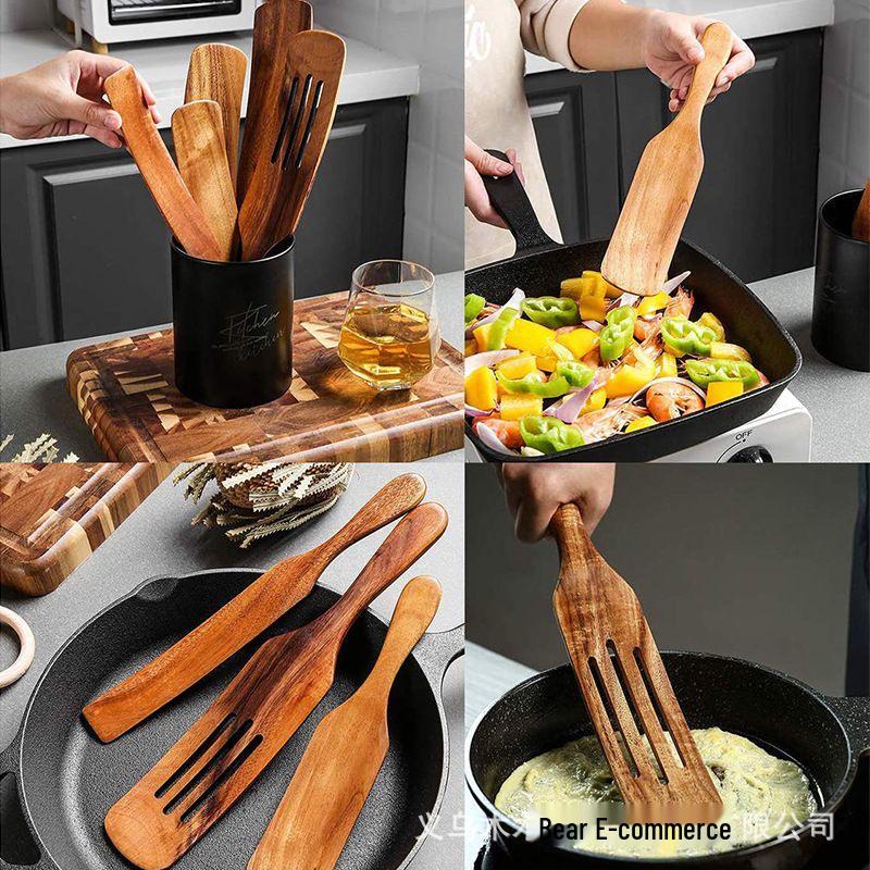 Non-Stick Pan Special: Teak & Acacia Wood Spatula, Stir-Fry Set, Salad Fork & Slotted Spoon