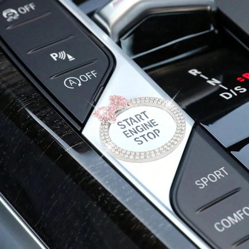 2pc Car One Click Start Decoration Circle Double Row Crystal Bowknot Fire Ring Ignition Switch Button Decoration