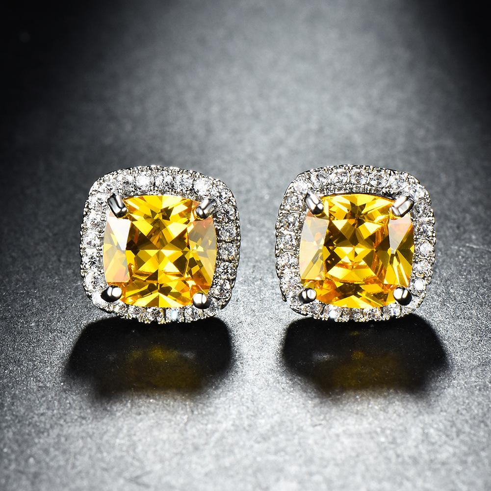 Luxury Female Yellow Pink Stone Earrings Fashion Silver Color Wedding Jewelry Vintage Double Stud Earrings for Women