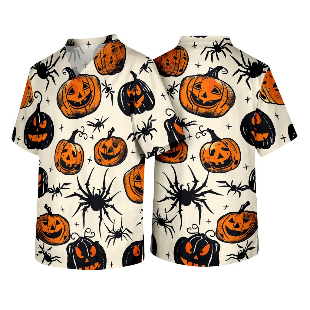 Men's Short Sleeve V Neck Halloween Print Pocket Scrub Top Lightweight Comfortable Fit Medical Uniform Shirt for Healthcare Professionals