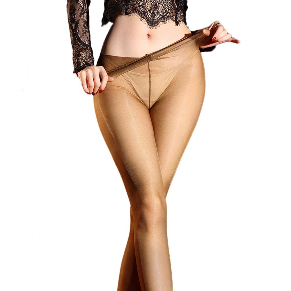 Sexy Women Open Crotch Oil Glossy Shiny Sockings Thin High Waist Shaping Pantyhose Sheer See Through Maid Tights Stockings