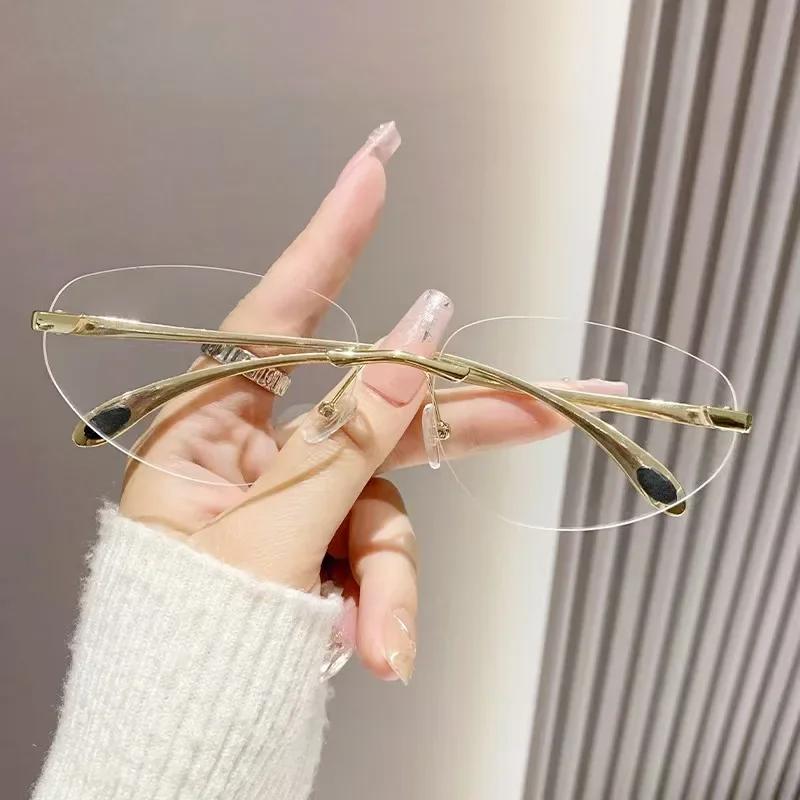 Frameless Metal Oval Glasses Korean Style Cat Eye Glasses for Women Fashion Round Anti Blue Light Eyewear