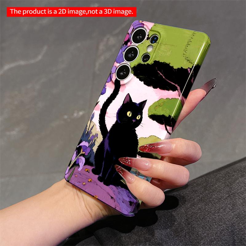 2DFlat Samsung phone case Black Cat in Purple Garden Scene Applicable to Galaxy S22 S23 S24 S25ULTRA S26 A12 A13 A14 A15 A16