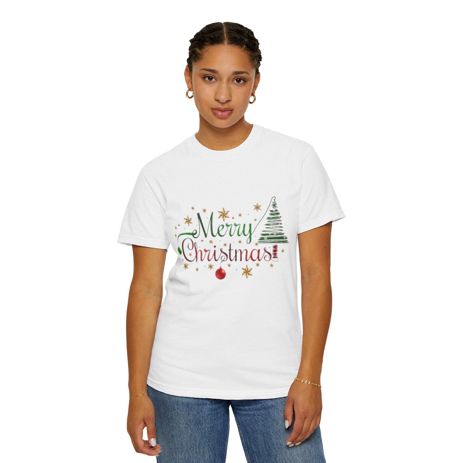 Merry Christmas Script with Tree and Ornaments T-Shirt | Holiday Typography 2XL