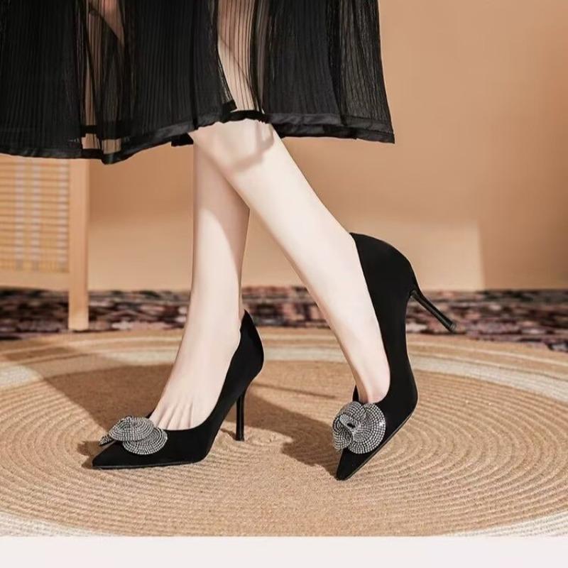 Fashion Crystal Flower Stiletto Single Shoes Women's Fashion Pointed Toe Shallow Mouth Slip-on Non-Slip Wear-Resistant High Heels