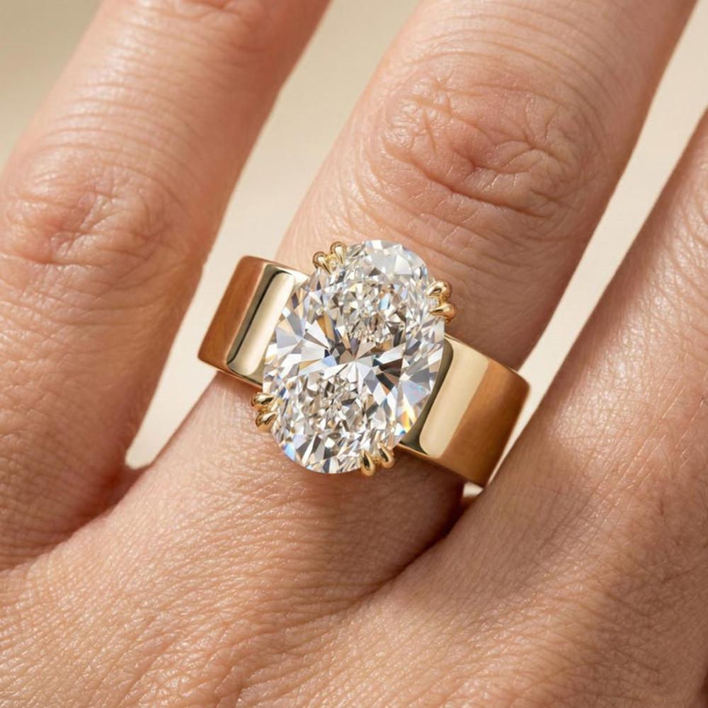 4.5CT Oval Cut Moissanite Engagement Ring for Women  Copper18K Gold Plated Double Prong Wide Band Wedding Ring Jewelry Gift